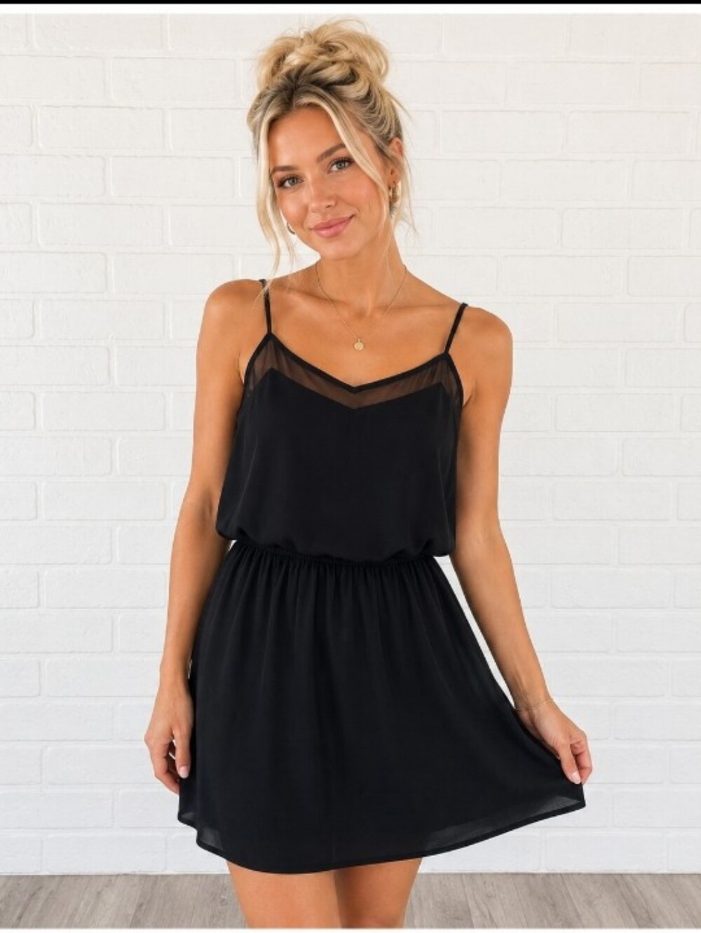 🛍Express Little black Sexy dress mesh trim, drapey front, Skinny straps M